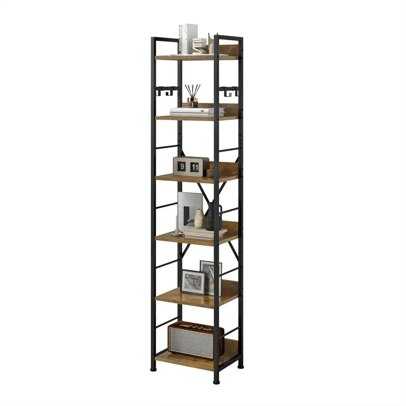 Wooden 6-Tier Brown Bookshelf with Storage Hooks by House Of Avana