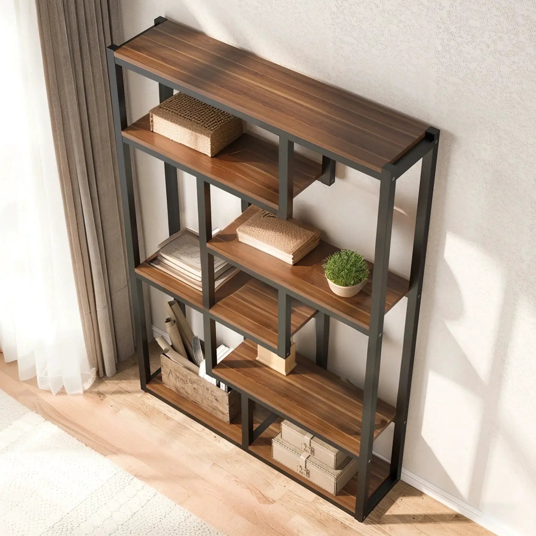 Wooden Bookcase with Staggered Shelves Modern Design by House Of Avana