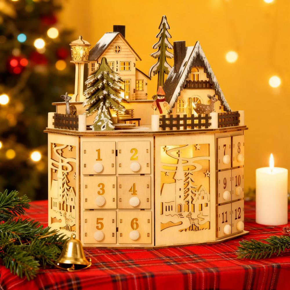 Wooden Christmas Advent Calendar with Village Scene and 24 Drawers, Natural