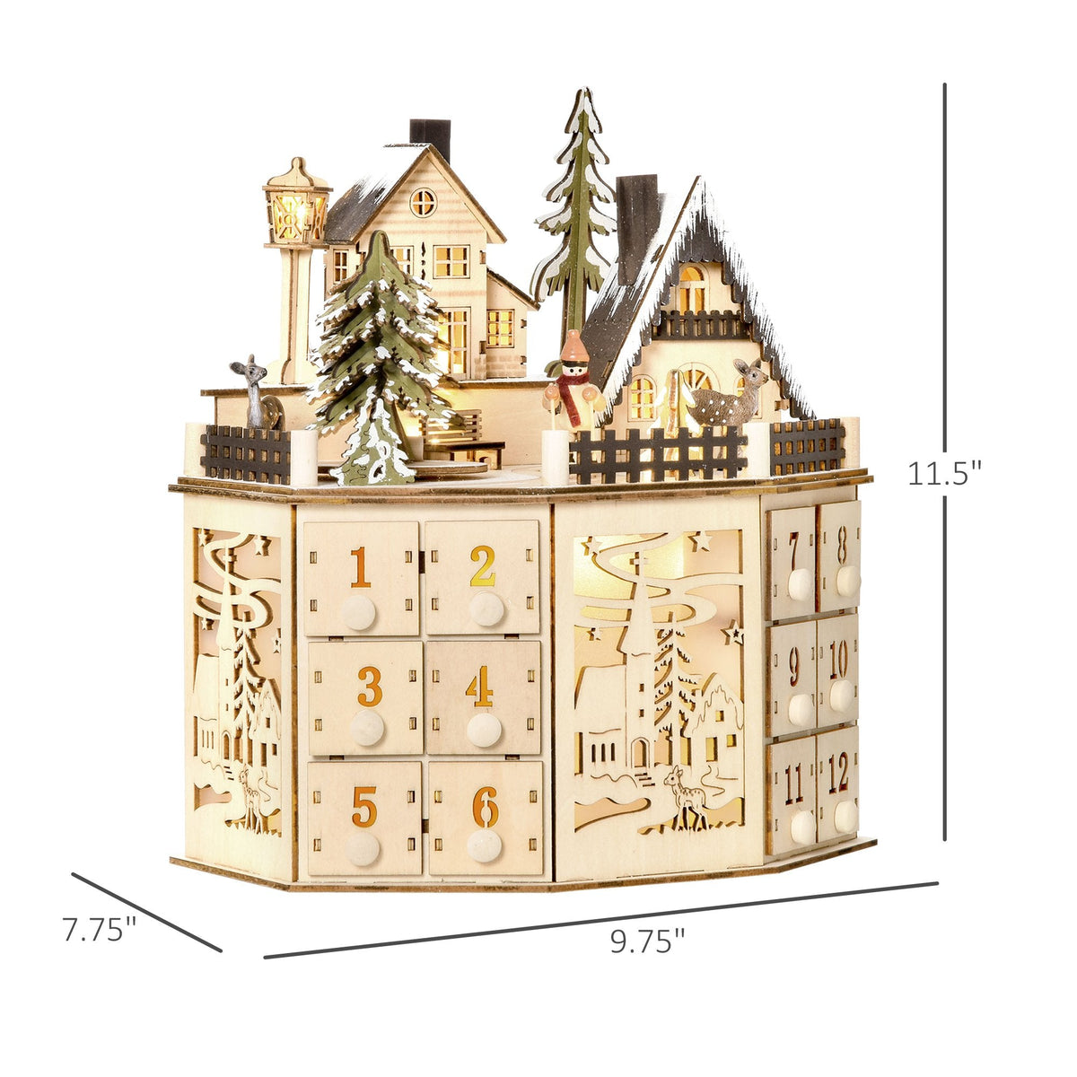 Wooden Christmas Advent Calendar with Village Scene and 24 Drawers, Natural, installed in a room