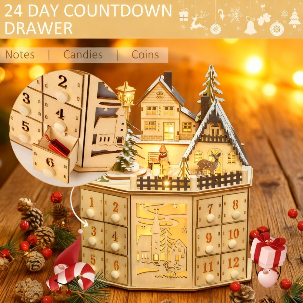 Wooden Christmas Advent Calendar with Village Scene and 24 Drawers, Natural, installed in a room