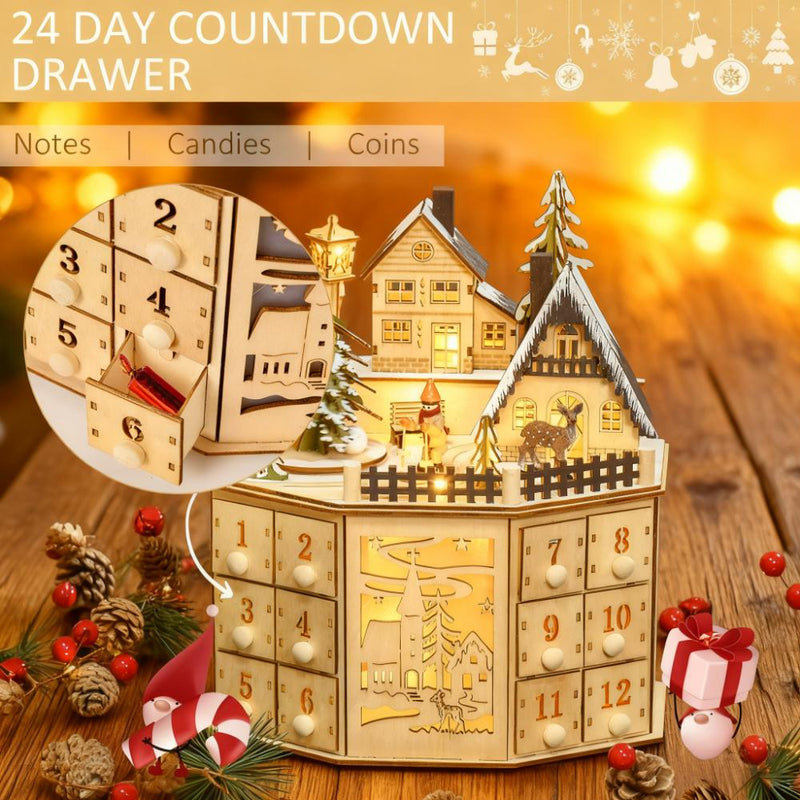 Wooden Christmas Advent Calendar with Village Scene and 24 Drawers, Natural, installed in a room