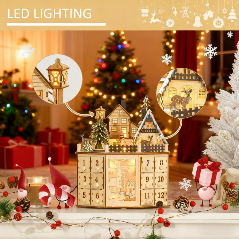 Wooden Christmas Advent Calendar with Village Scene and 24 Drawers, Natural, installed in a room