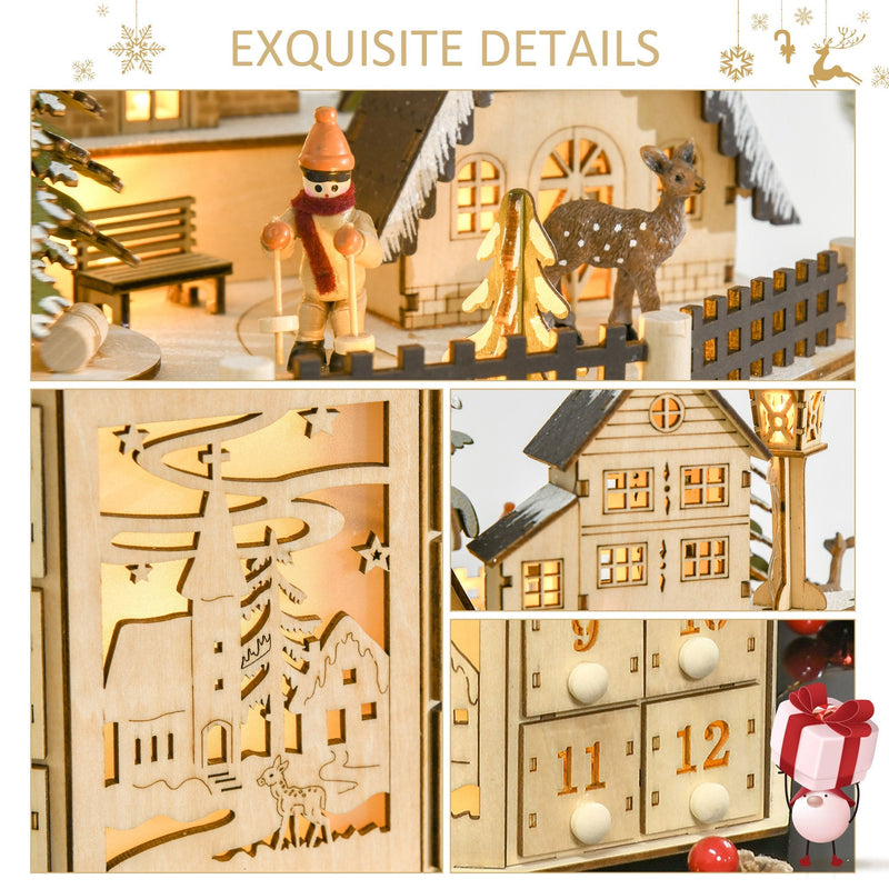 Wooden Christmas Advent Calendar with Village Scene and 24 Drawers, Natural, installed in a room