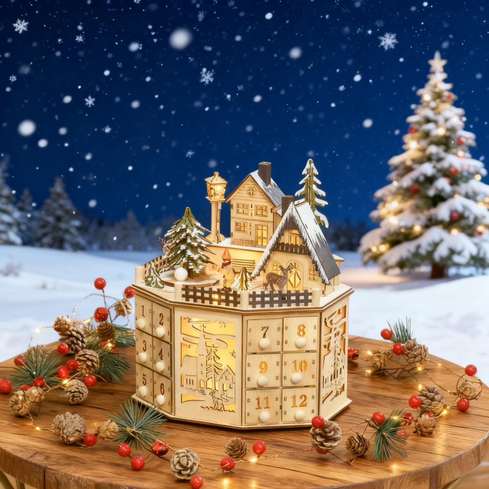 Wooden Christmas Advent Calendar with Village Scene and 24 Drawers, Natural, installed in a room