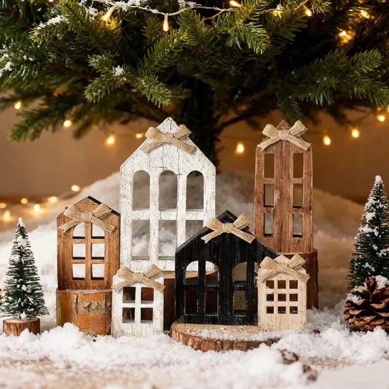 Wooden Christmas Village House with Multi-Tiered Trays 6pcs by House Of Avana
