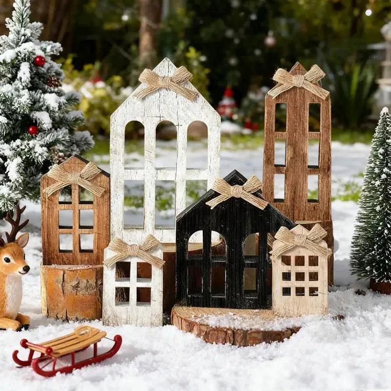 Wooden Christmas Village House with Multi-Tiered Trays 6pcs by House Of Avana