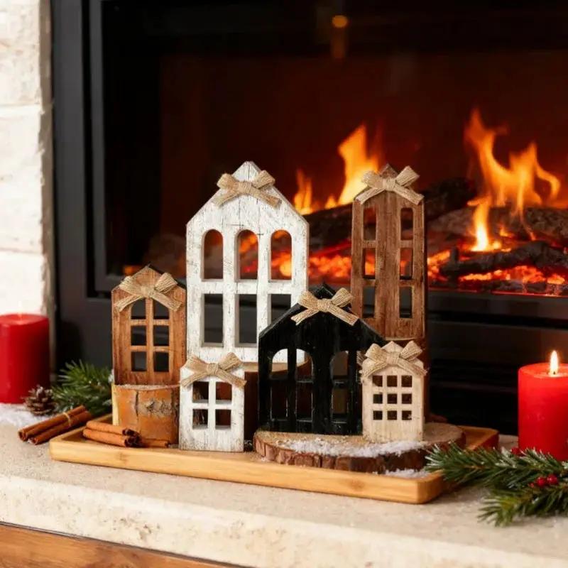 Wooden Christmas Village House with Multi-Tiered Trays 6pcs by House Of Avana