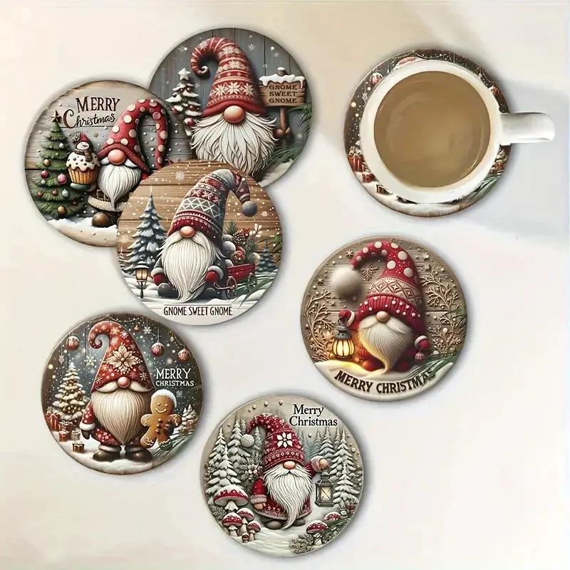 Wooden Coasters 6pc Set, Heat-Resistant Christmas Gnome Design by House Of Avana
