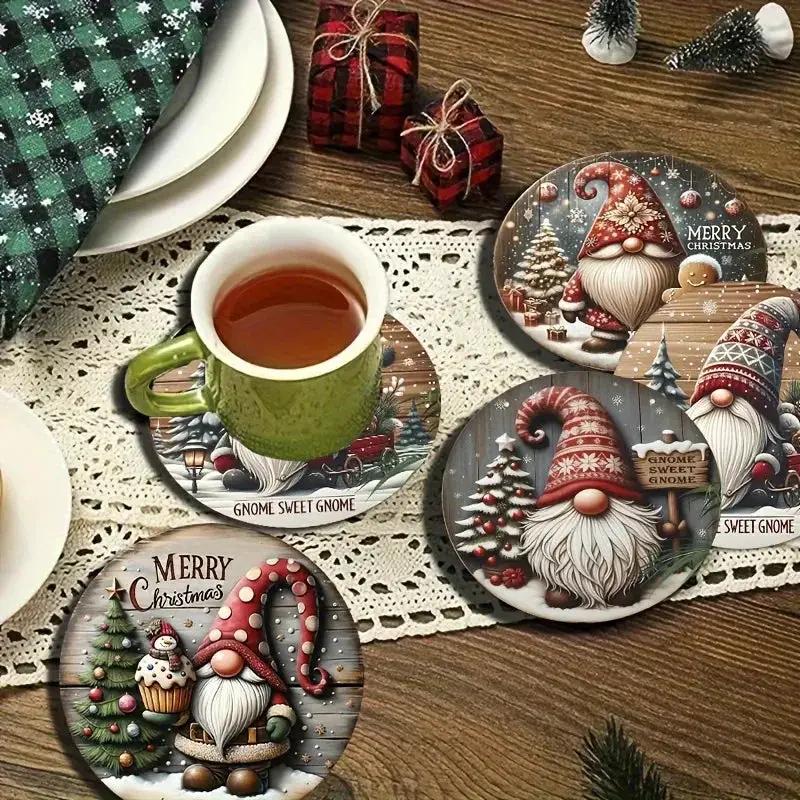 Wooden Coasters 6pc Set, Heat-Resistant Christmas Gnome Design by House Of Avana