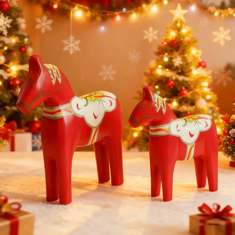 Wooden Dala Horse Figurines, Hand Painted Red Pair, Nordic Design by House Of Avana