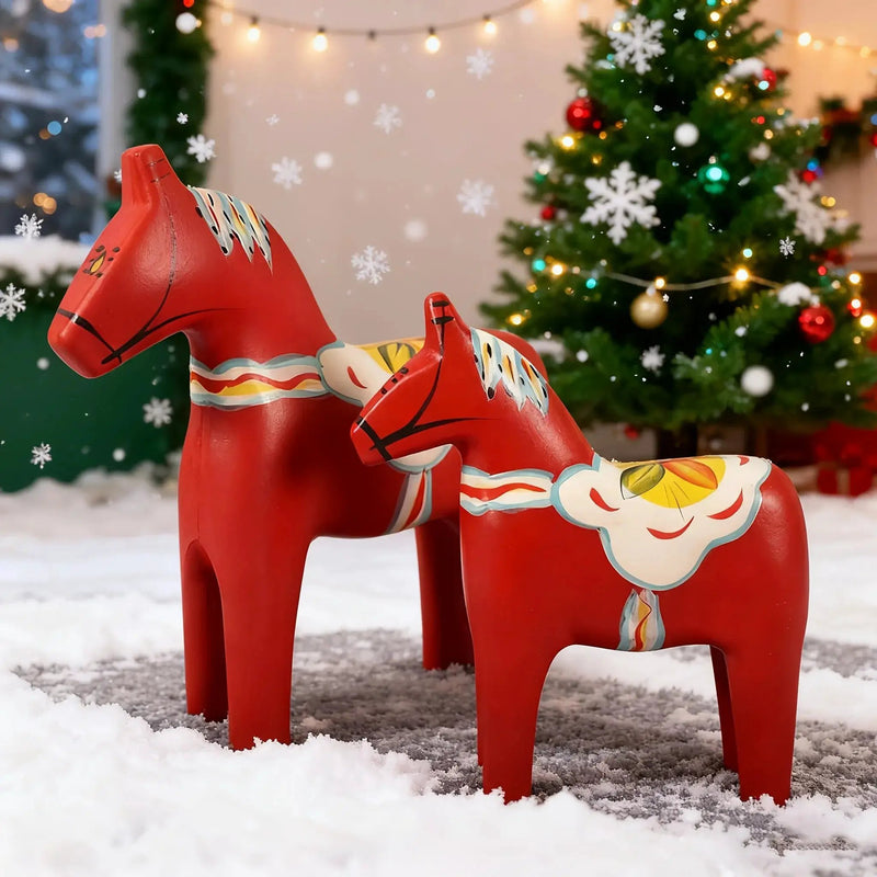 Wooden Dala Horse Figurines, Hand Painted Red Pair, Nordic Design by House Of Avana