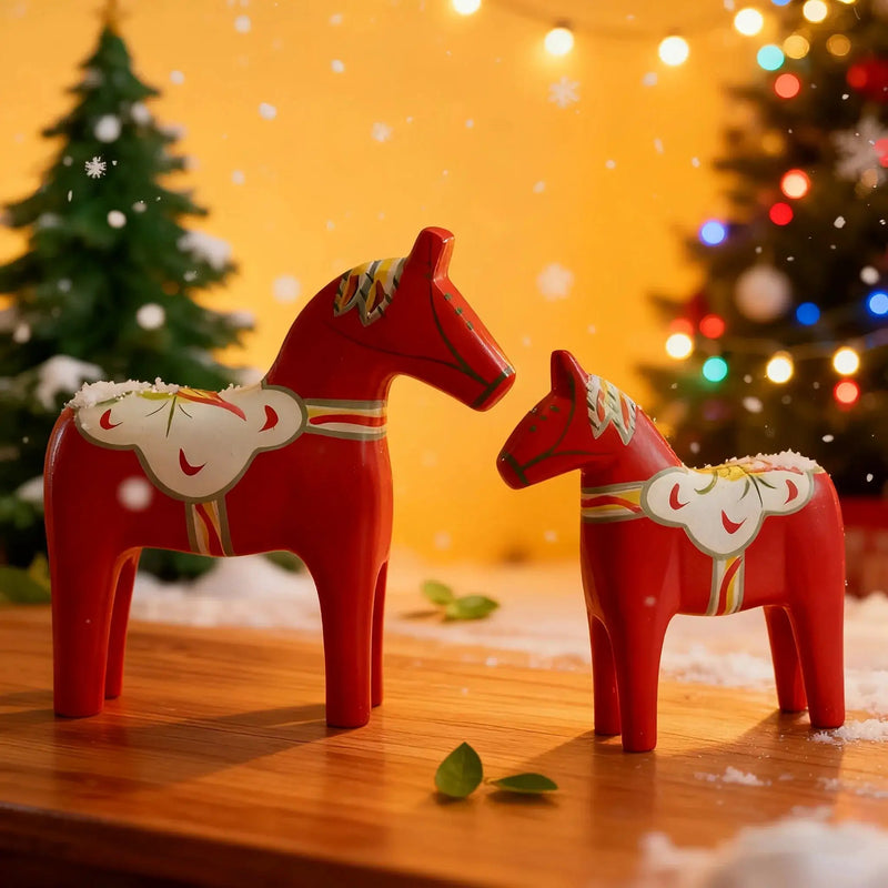 Wooden Dala Horse Figurines, Hand Painted Red Pair, Nordic Design by House Of Avana