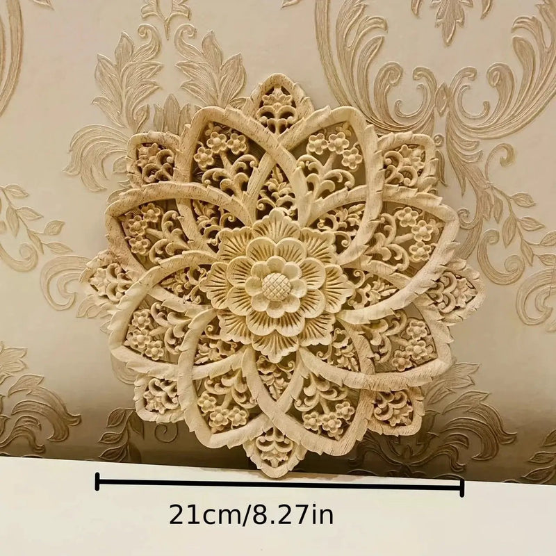 Wooden Flower Carving Disc - Yellow Floral Design on Natural Wood by House Of Avana