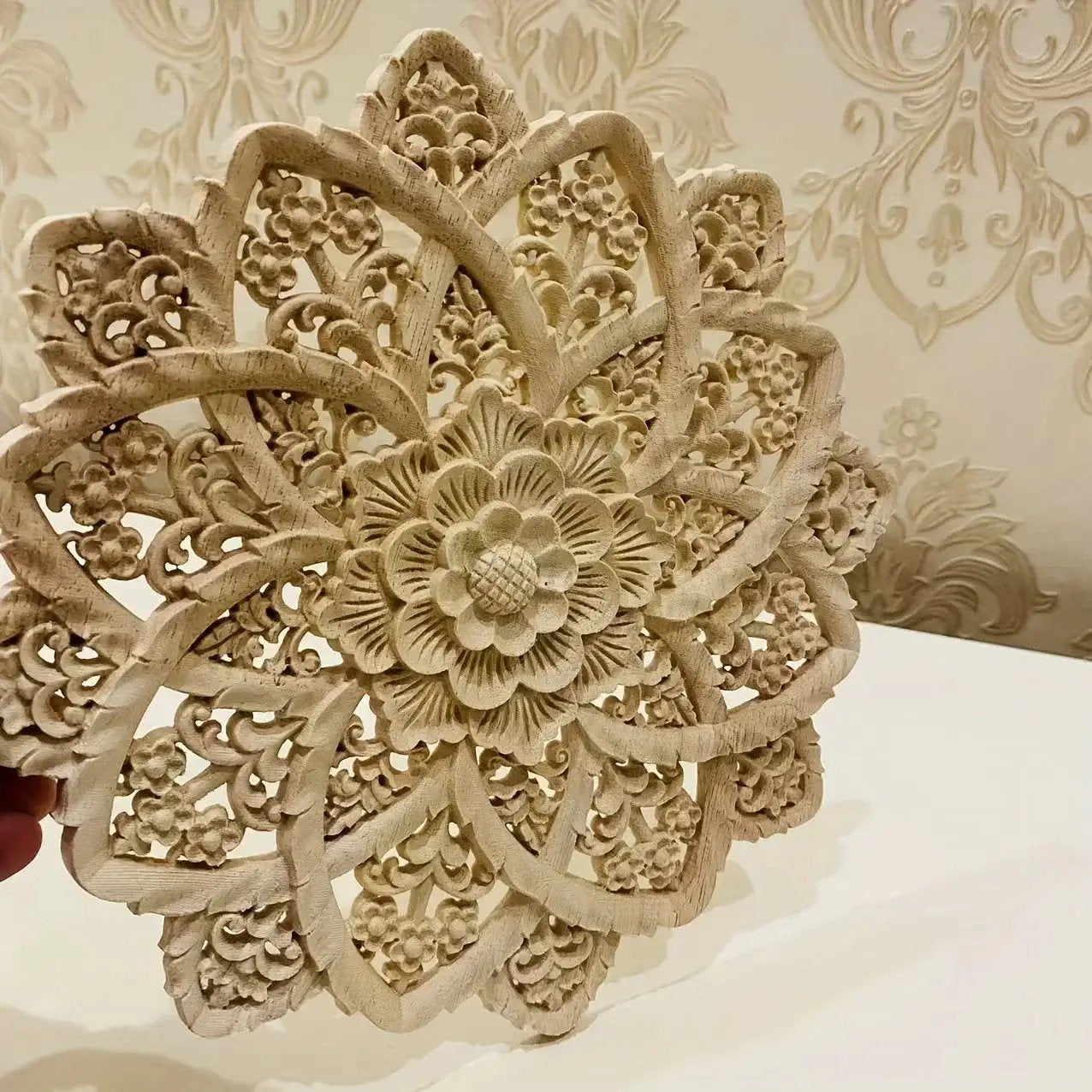 Wooden Flower Carving Disc - Yellow Floral Design on Natural Wood by House Of Avana