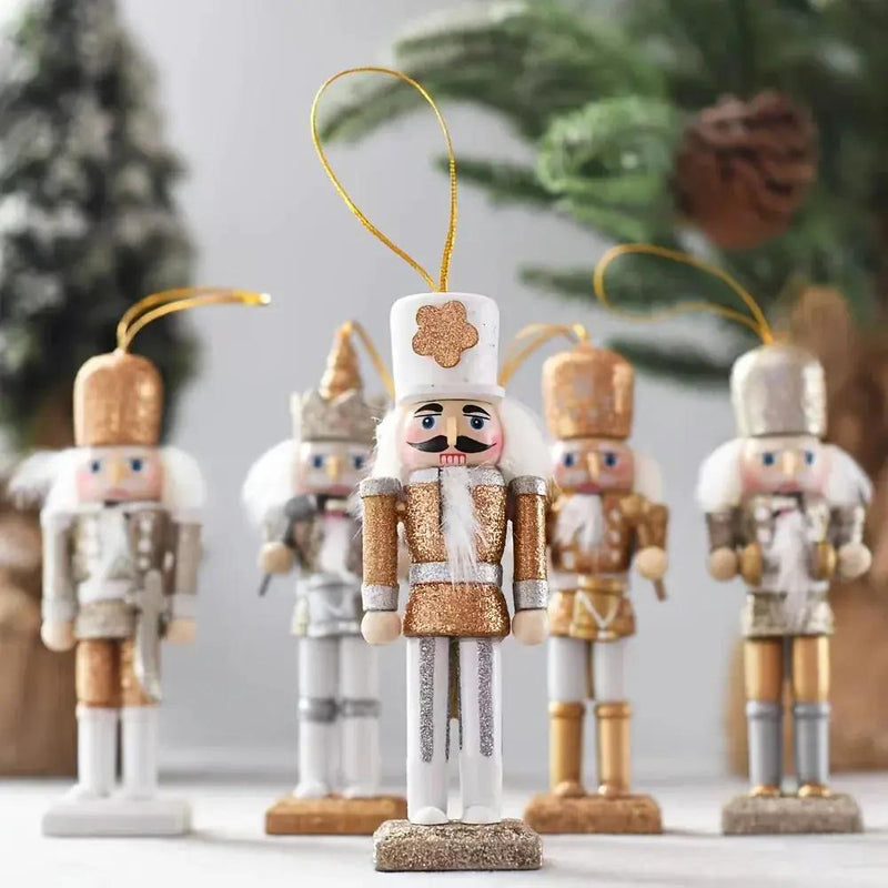 Wooden Nutcracker Ornaments, Golden Glitter, 5pcs Christmas Tree Decor by House Of Avana