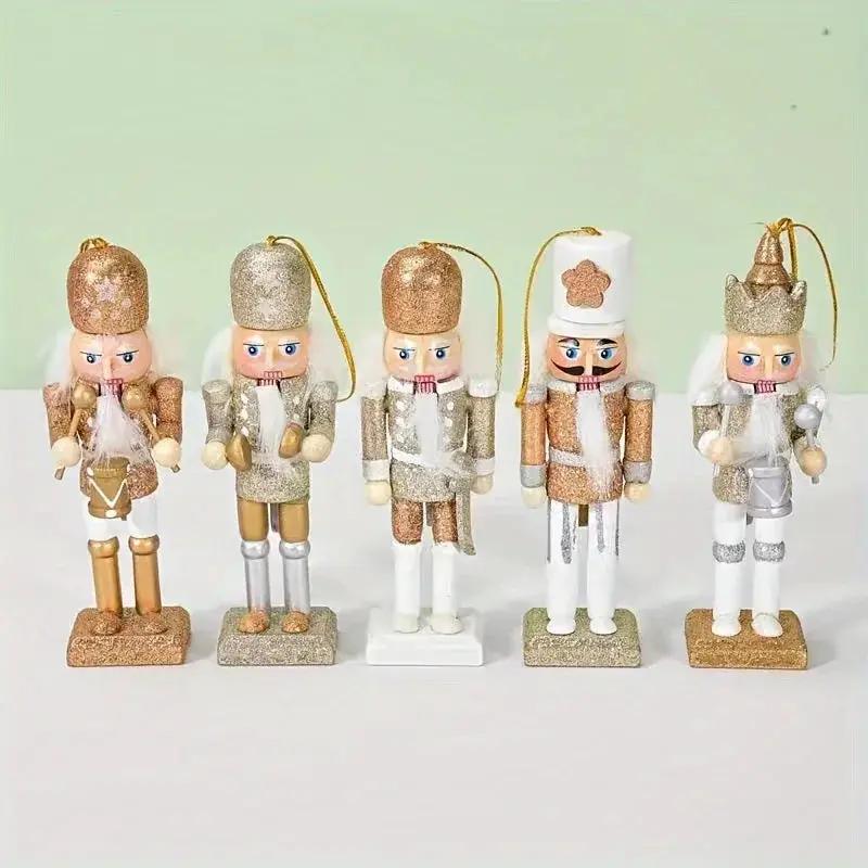 Wooden Nutcracker Ornaments, Golden Glitter, 5pcs Christmas Tree Decor by House Of Avana