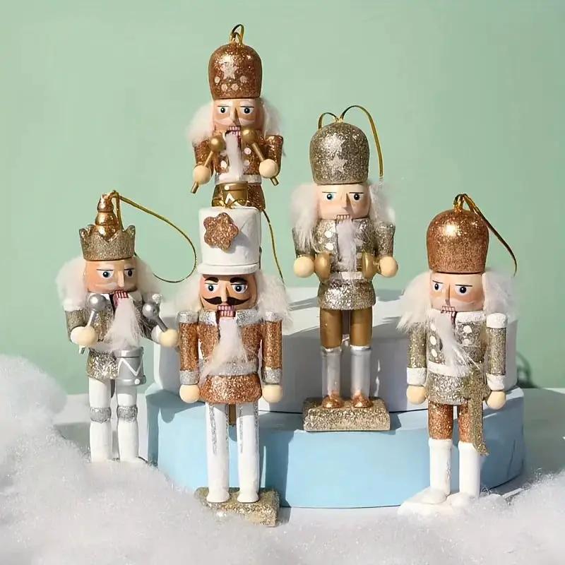 Wooden Nutcracker Ornaments, Golden Glitter, 5pcs Christmas Tree Decor by House Of Avana