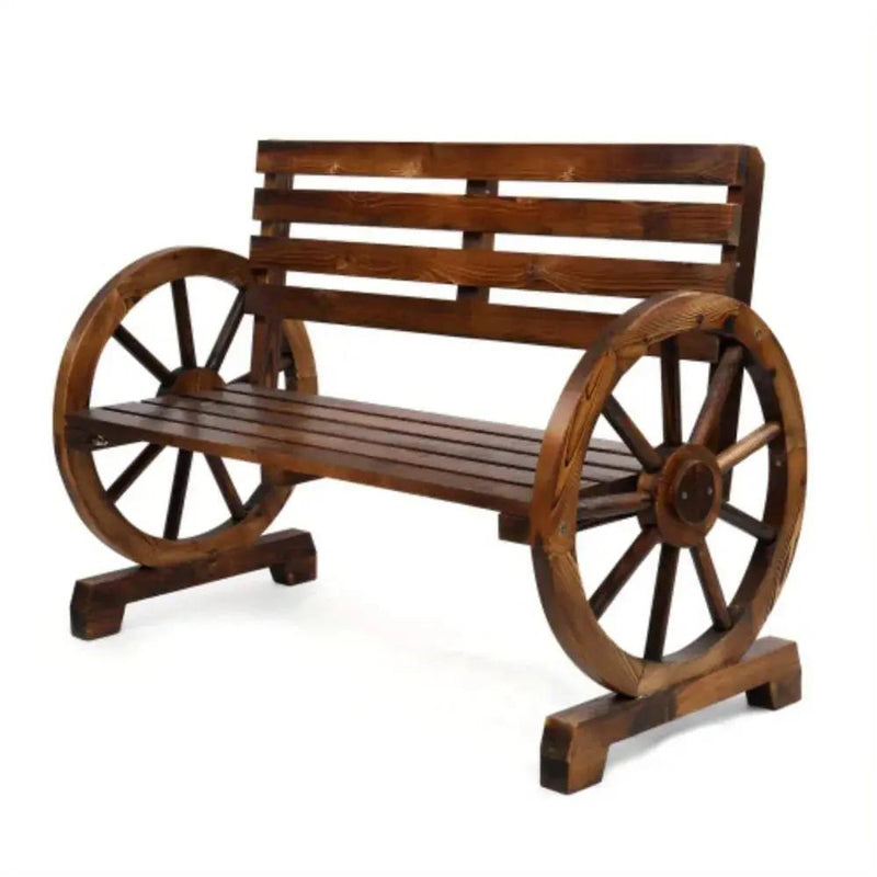 Wooden Outdoor Wheel - Shaped Bench, Wagon Slatted Seat, Weather Resistance, For 3 - Person, For Porch, Yard, Lawn And Garden, Rustic by House Of Avana
