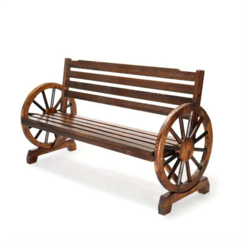 Wooden Outdoor Wheel - Shaped Bench, Wagon Slatted Seat, Weather Resistance, For 3 - Person, For Porch, Yard, Lawn And Garden, Rustic by House Of Avana