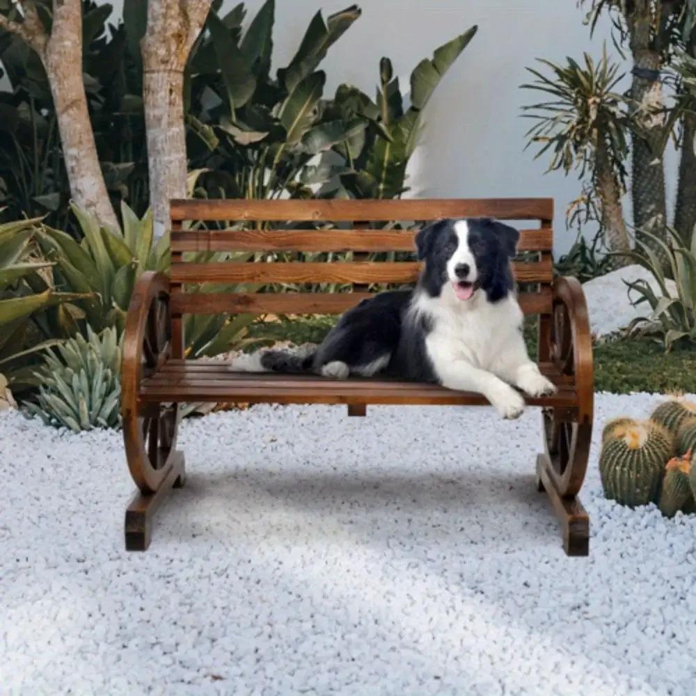 Wooden Outdoor Wheel - Shaped Bench, Wagon Slatted Seat, Weather Resistance, For 3 - Person, For Porch, Yard, Lawn And Garden, Rustic by House Of Avana