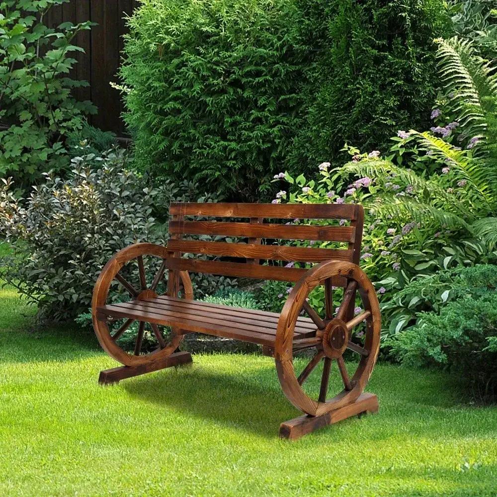 Wooden Outdoor Wheel - Shaped Bench, Wagon Slatted Seat, Weather Resistance, For 3 - Person, For Porch, Yard, Lawn And Garden, Rustic by House Of Avana