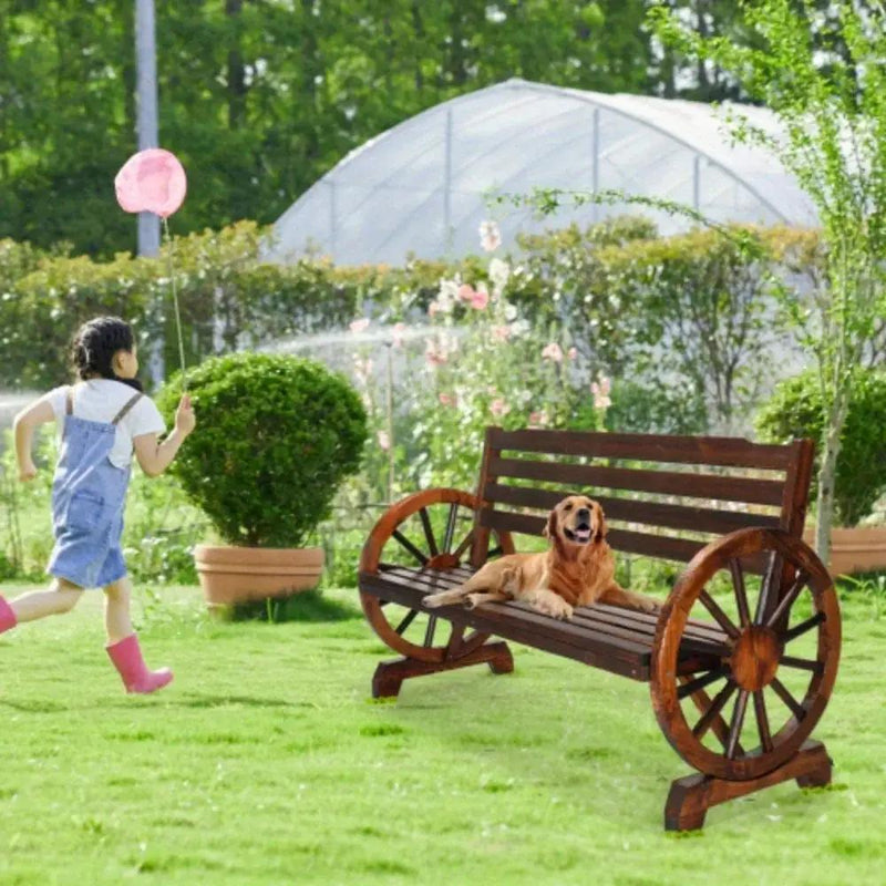 Wooden Outdoor Wheel - Shaped Bench, Wagon Slatted Seat, Weather Resistance, For 3 - Person, For Porch, Yard, Lawn And Garden, Rustic by House Of Avana