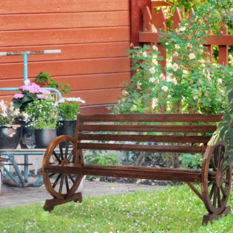 Wooden Outdoor Wheel - Shaped Bench, Wagon Slatted Seat, Weather Resistance, For 3 - Person, For Porch, Yard, Lawn And Garden, Rustic by House Of Avana