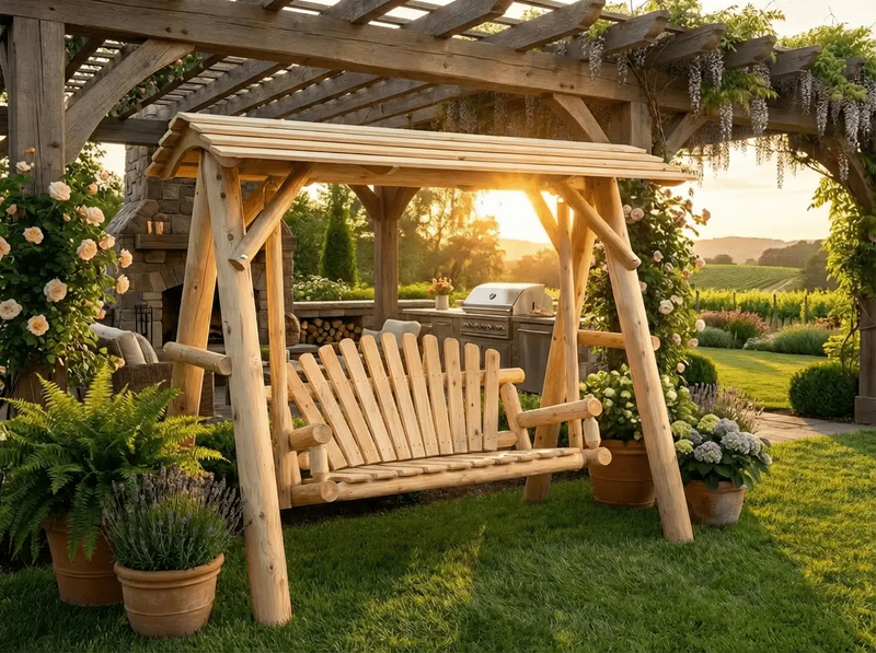 Wooden Porch Swing with Canopy by Cedar Creek Rustic Furniture