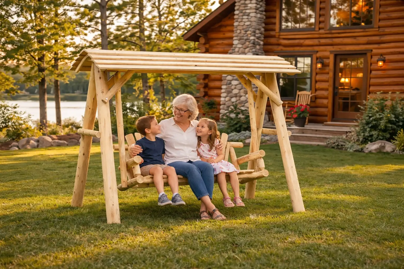 Wooden Porch Swing with Canopy by Cedar Creek Rustic Furniture