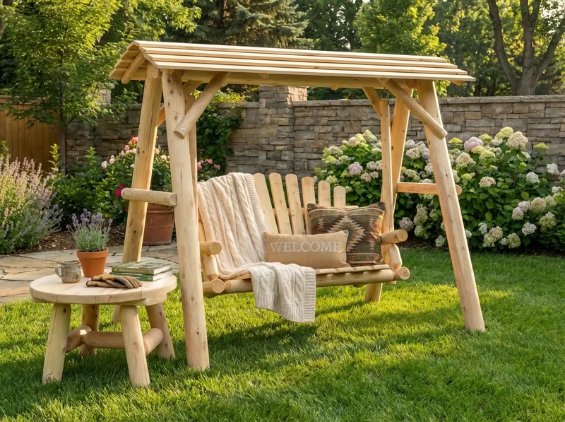 Wooden Porch Swing with Canopy by Cedar Creek Rustic Furniture