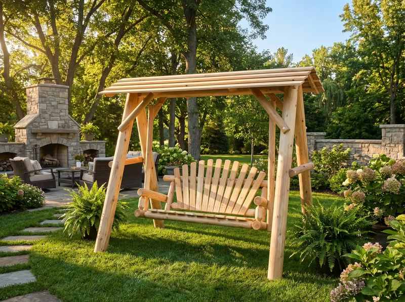 Wooden Porch Swing with Canopy by Cedar Creek Rustic Furniture