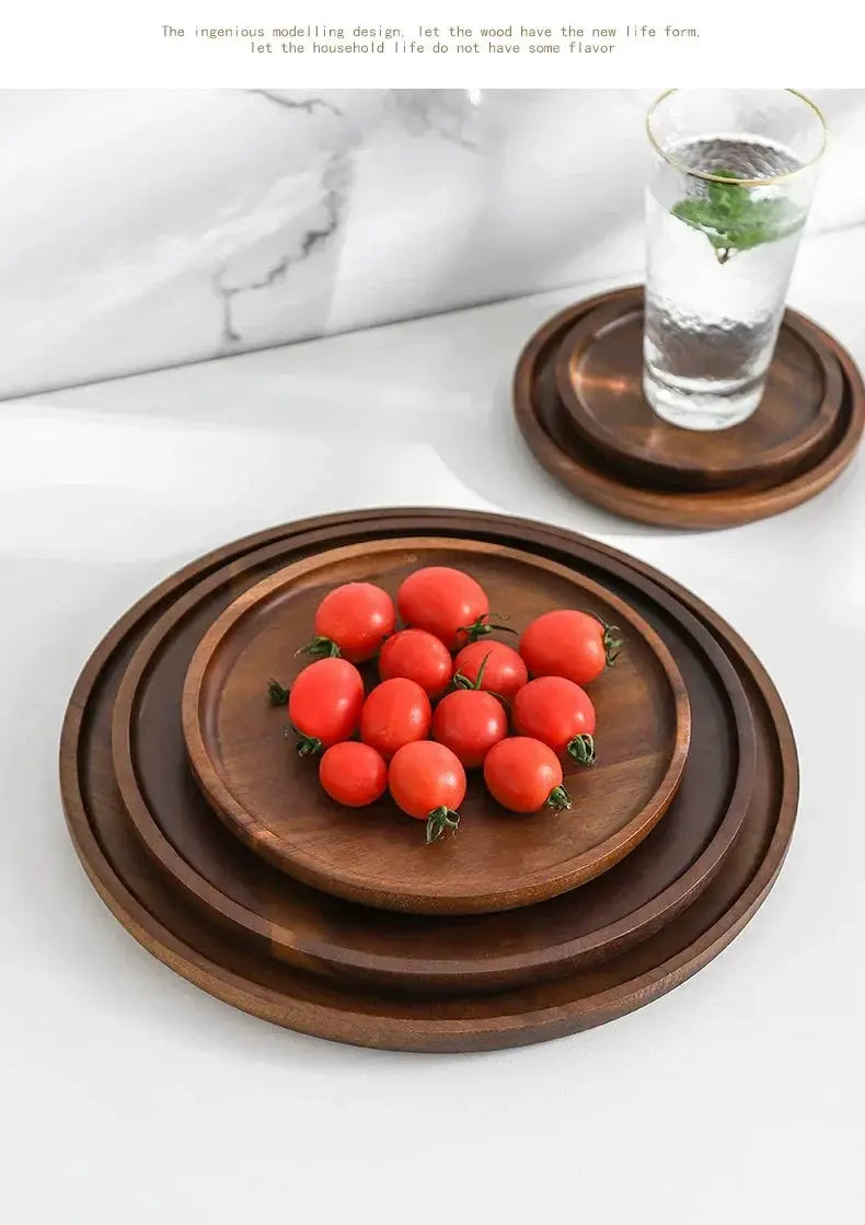 Wooden Round Tea Tray Serving Platter by House Of Avana