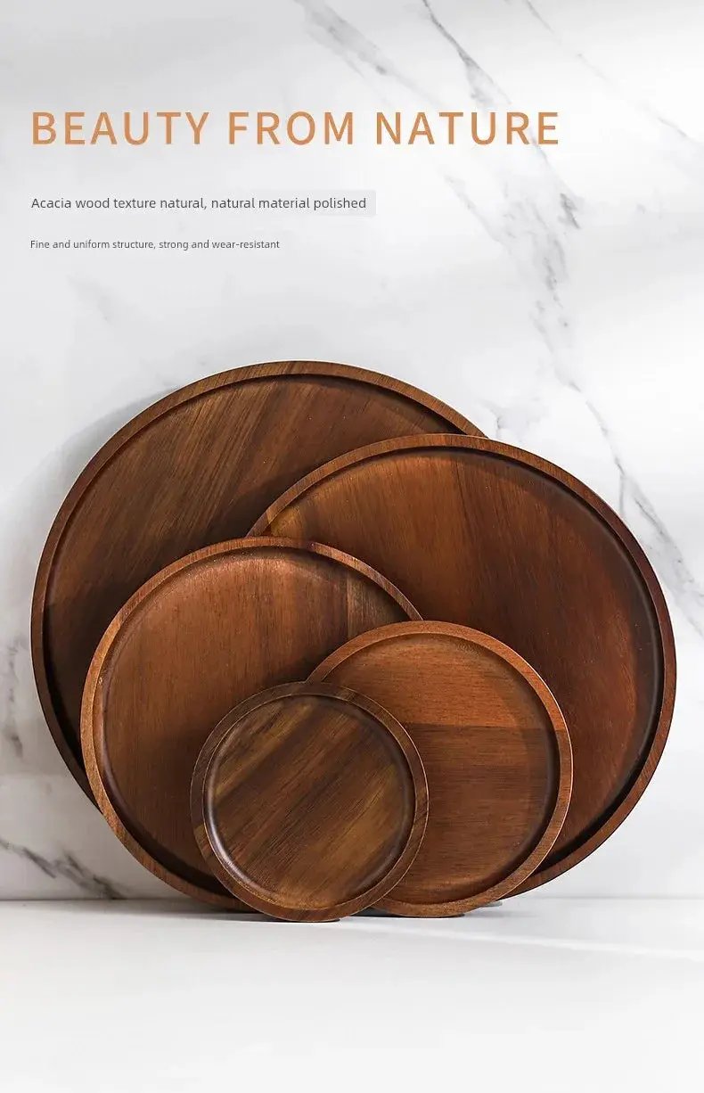 Wooden Round Tea Tray Serving Platter by House Of Avana