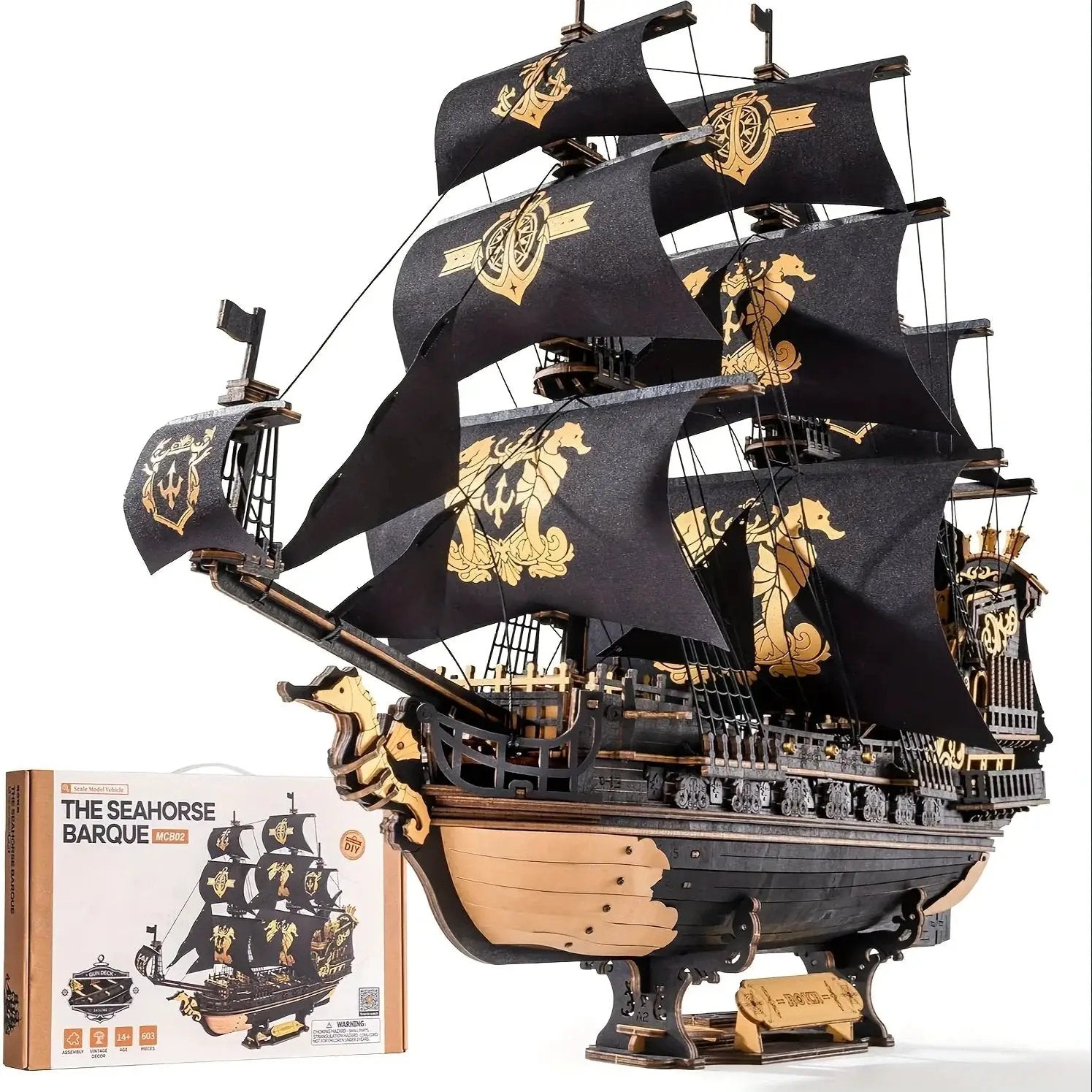 Wooden Ship Model Kit Seahorse Barque Sailing Ship with Detailed Sail by House Of Avana