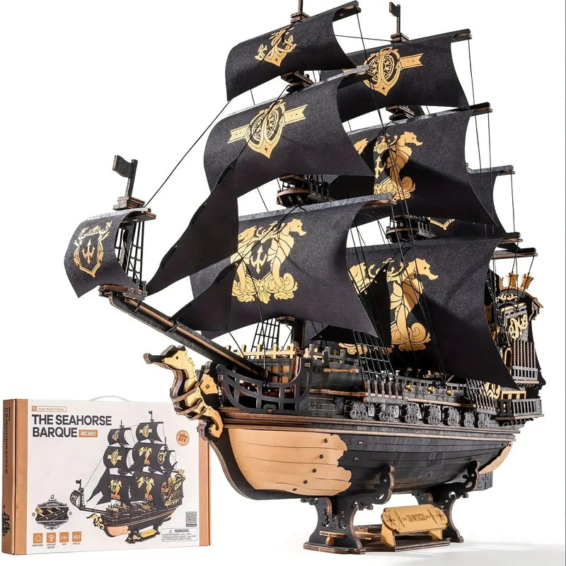 Wooden Ship Model Kit Seahorse Barque Sailing Ship with Detailed Sail by House Of Avana