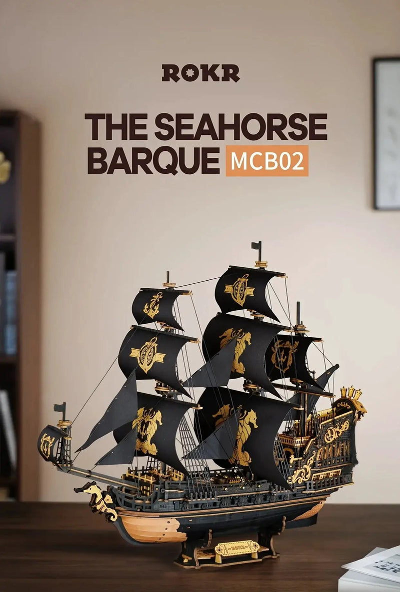 Wooden Ship Model Kit Seahorse Barque Sailing Ship with Detailed Sail by House Of Avana