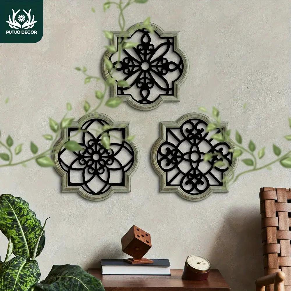 Wooden Wall Hanging Decor - 3pcs Black Floral Design Plaques by House Of Avana