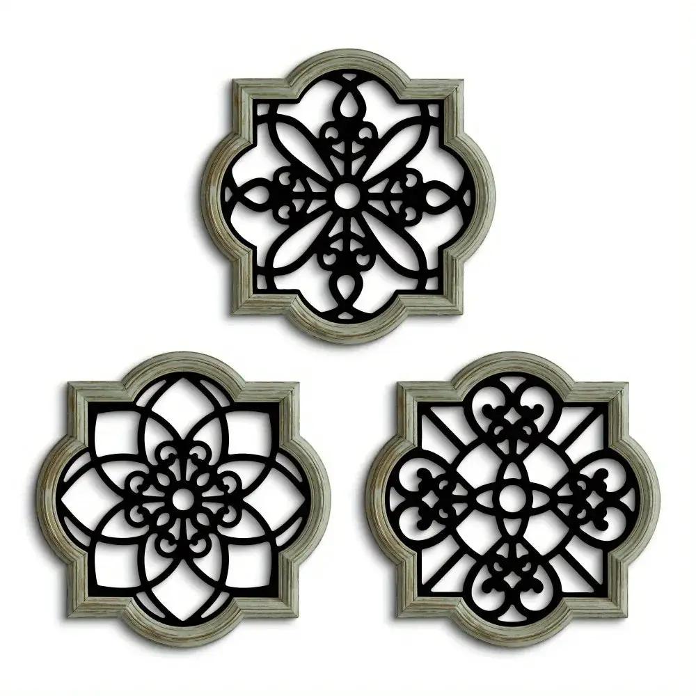 Wooden Wall Hanging Decor - 3pcs Black Floral Design Plaques by House Of Avana