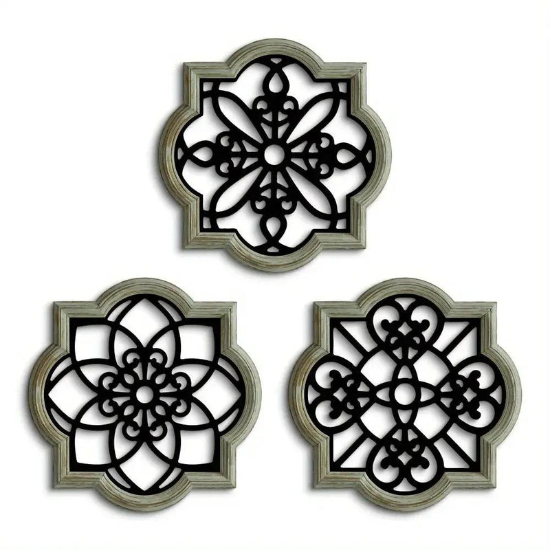 Wooden Wall Hanging Decor - 3pcs Black Floral Design Plaques by House Of Avana