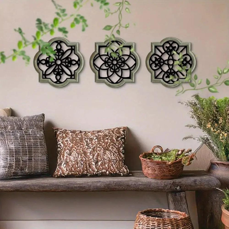 Wooden Wall Hanging Decor - 3pcs Black Floral Design Plaques by House Of Avana