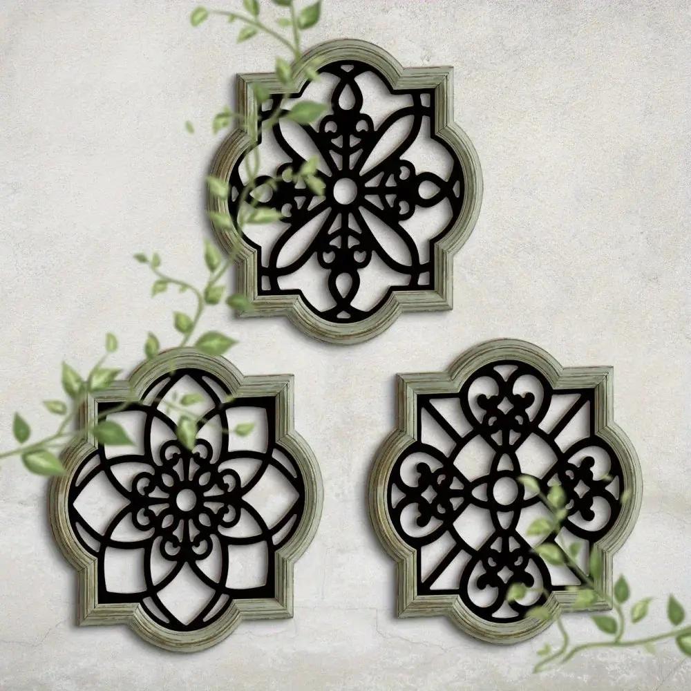 Wooden Wall Hanging Decor - 3pcs Black Floral Design Plaques by House Of Avana