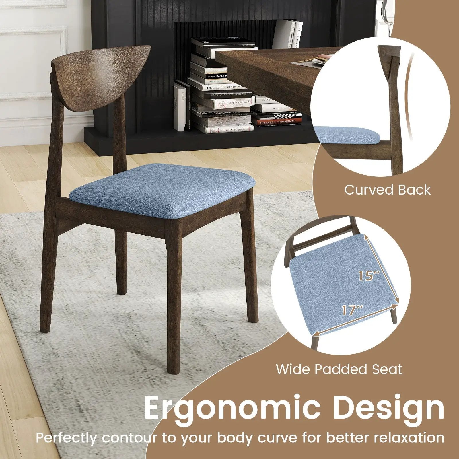 Wooden Dining Chair Set of 2 with Rubber Wood Leg-Brown by DirectDeals
