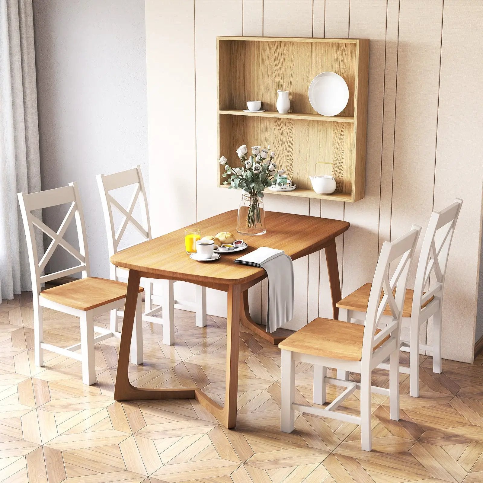Wooden Dining Chairs Set of 2 with High Back and Rubber Wood Frame-Natural by DirectDeals
