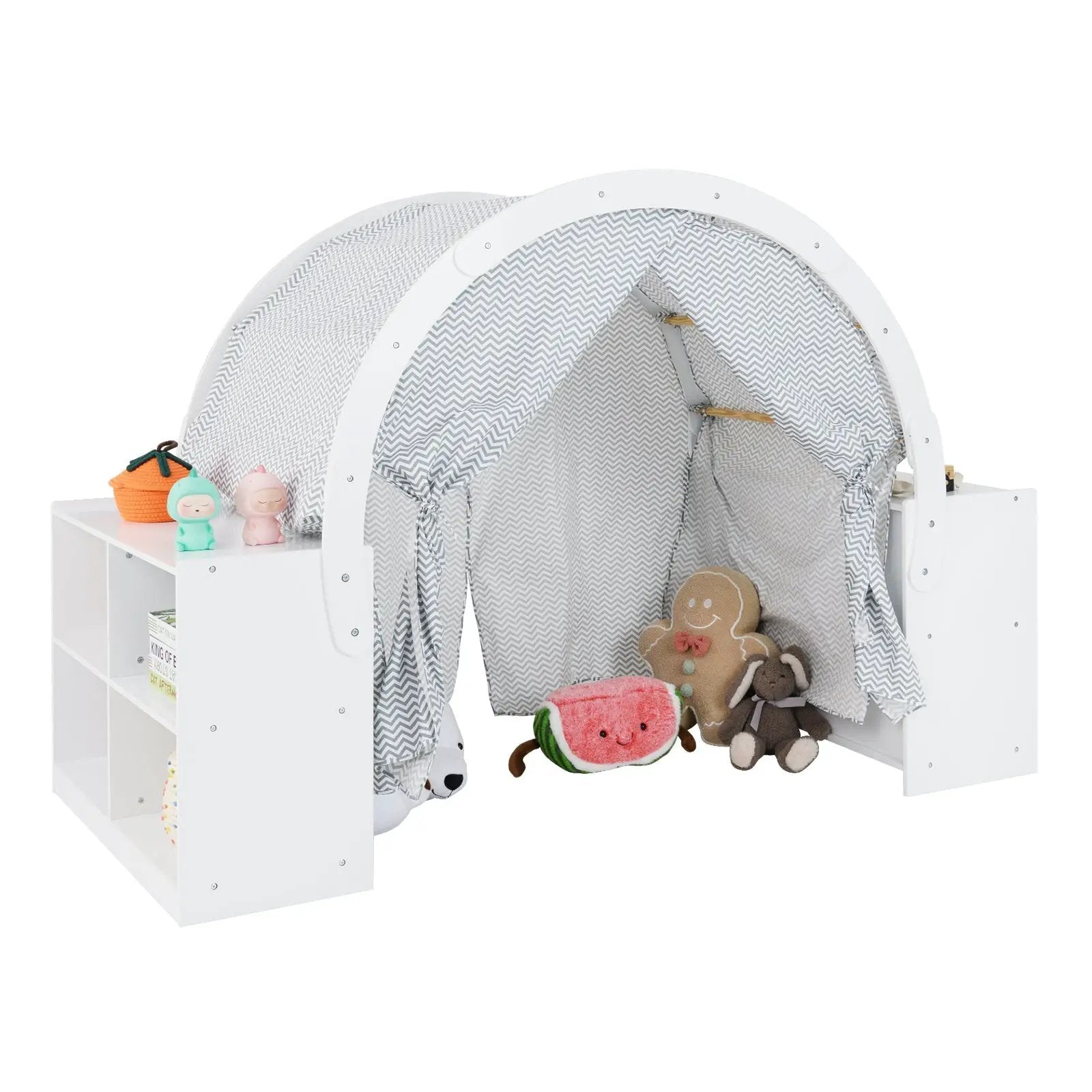 Wooden Kids Play Tent with Curtain Shades and 8 Cubbies-White by DirectDeals