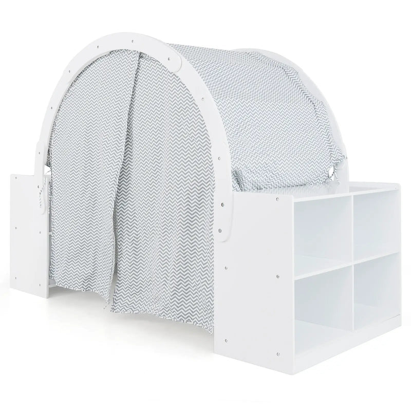 Wooden Kids Play Tent with Curtain Shades and 8 Cubbies-White by DirectDeals