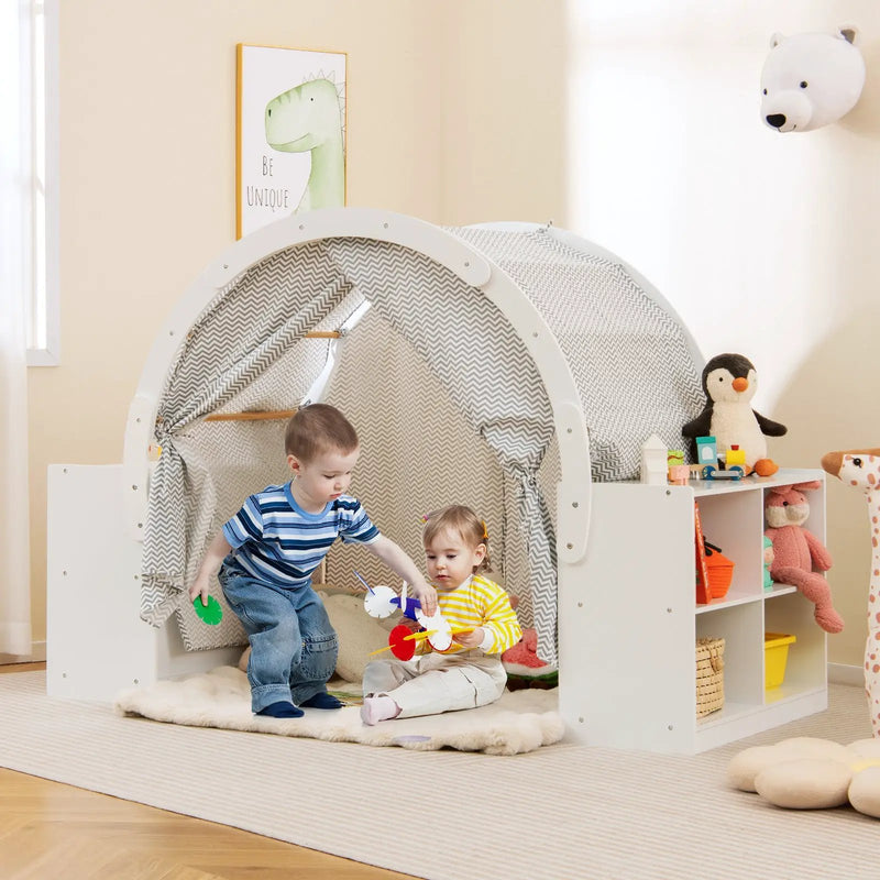Wooden Kids Play Tent with Curtain Shades and 8 Cubbies-White by DirectDeals