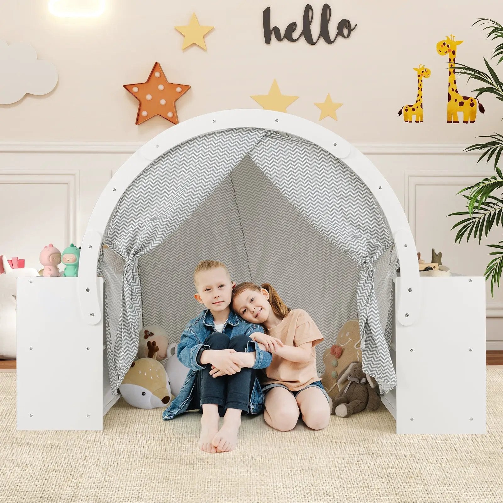 Wooden Kids Play Tent with Curtain Shades and 8 Cubbies-White by DirectDeals