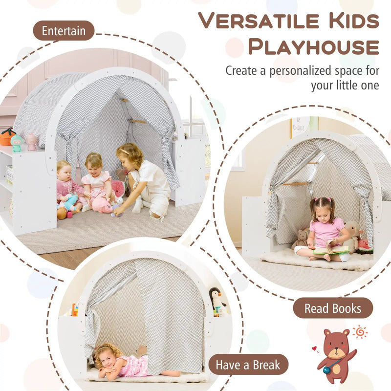 Wooden Kids Play Tent with Curtain Shades and 8 Cubbies-White by DirectDeals