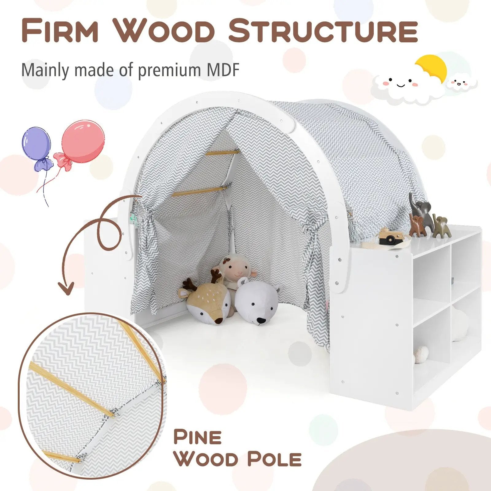 Wooden Kids Play Tent with Curtain Shades and 8 Cubbies-White by DirectDeals